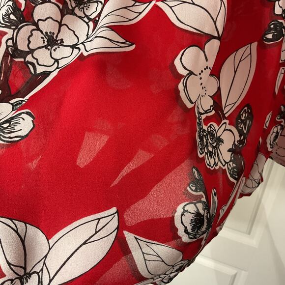 Liz Claiborne Red Multi Color Floral Semi Sheer Long Sleeve Coquett Top M - Picture 3 of 7